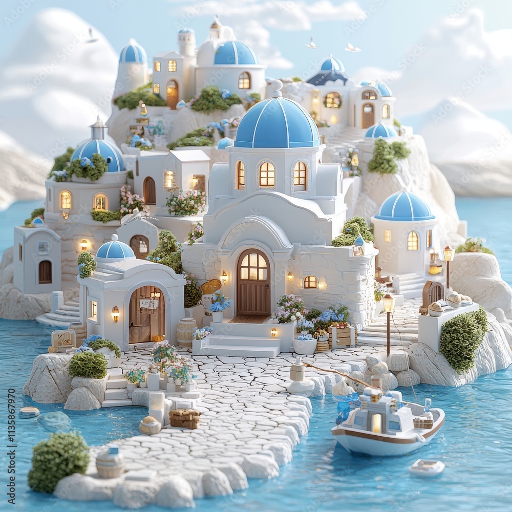 Fototapeta premium Charming Mediterranean Village with Blue Domes and Scenic Pathway