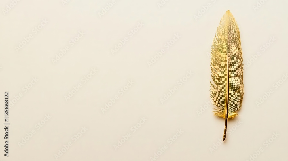 Golden phoenix feather glowing softly, contrasting beautifully against a crisp white backdrop with plenty of room for text.