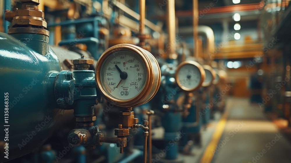 Fototapeta premium Pressure gauges measuring industrial processes in factory setting