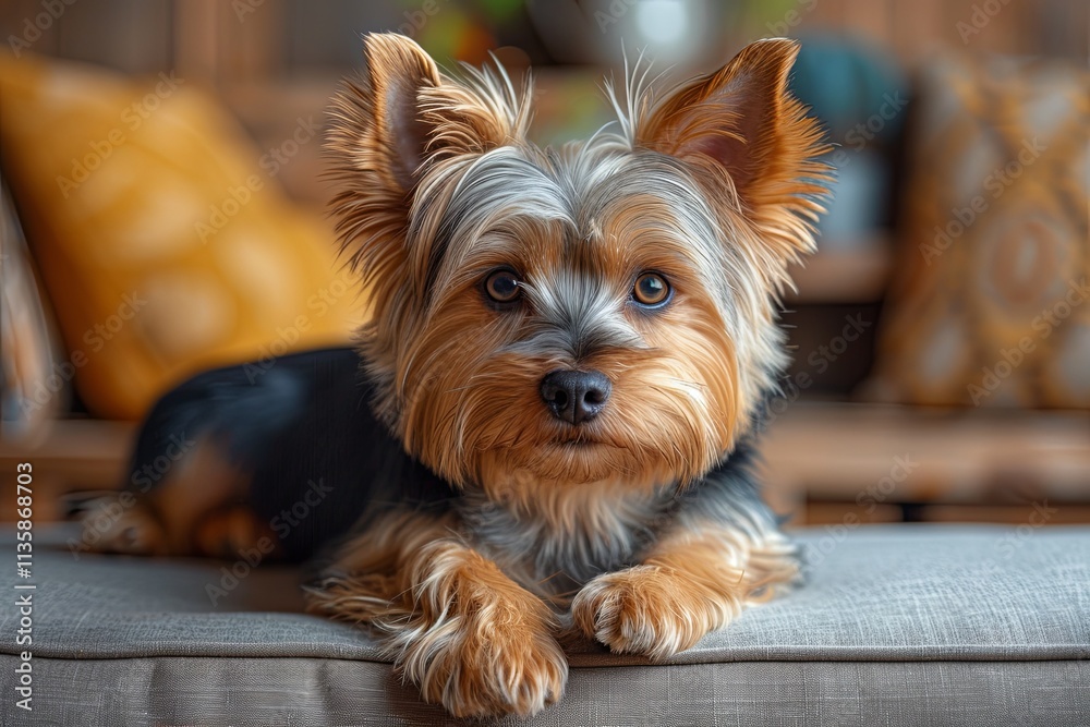 Yorkshire terrier dog is laying on a couch Yorkshire terrier dog is laying on a couch