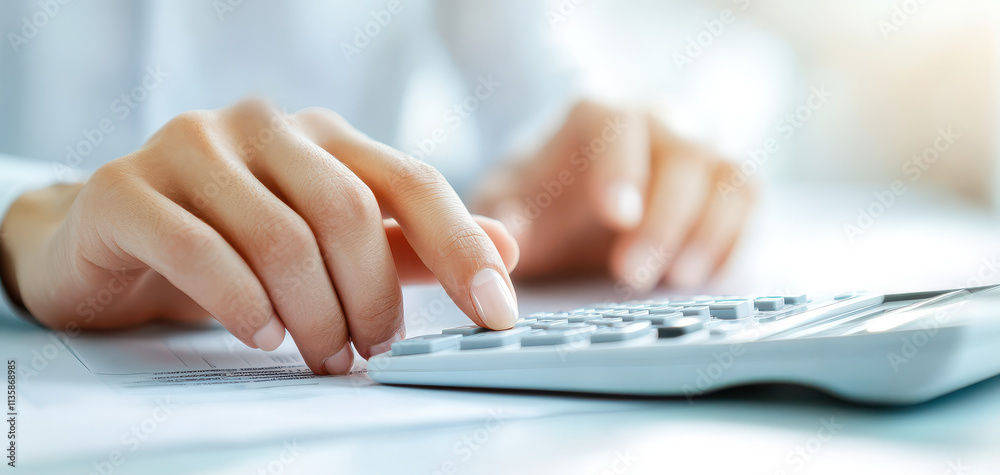 close up of hands using calculator for financial calculations, showcasing focus and precision in professional setting. image conveys sense of diligence and attention to detail