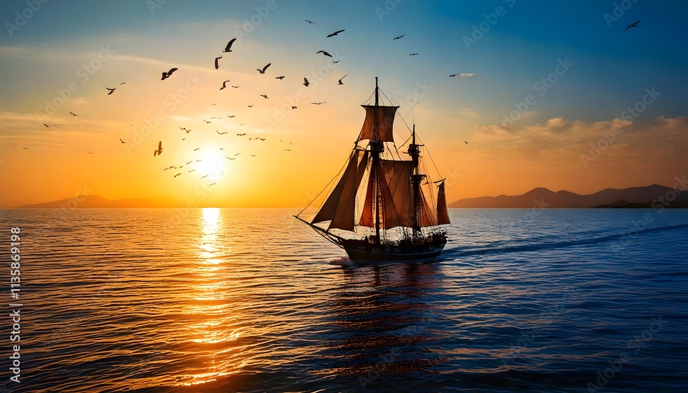 Fototapeta premium Sunset Sailboat Ocean Landscape Birds Golden Hour Seascape