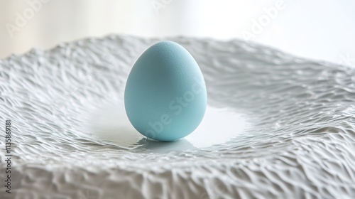 single pastel blue egg resting on textured white ceramic plate under bright natural light photo