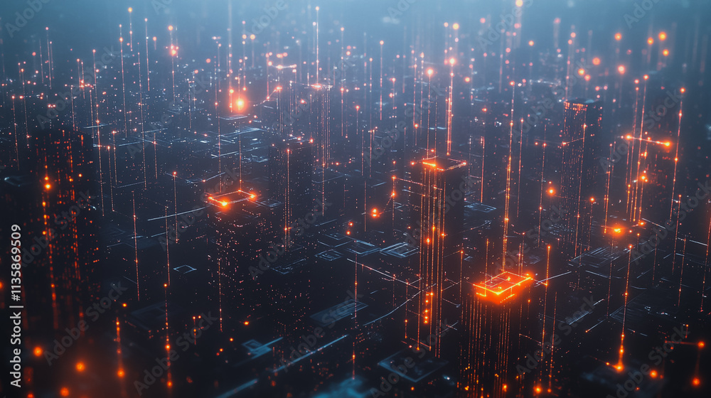 Fototapeta premium Smart digital Innovation city with connection network reciprocity over the cityscape. of future smart wireless digital city and social media networking systems that connects people with in city
