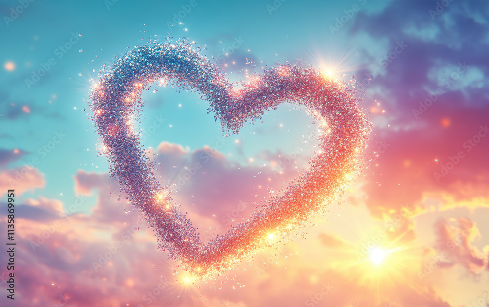 Fototapeta premium glittering heart shape made of silver sparkles against colorful sky, evoking feelings of love and joy. shimmering effect adds magical touch to serene atmosphere