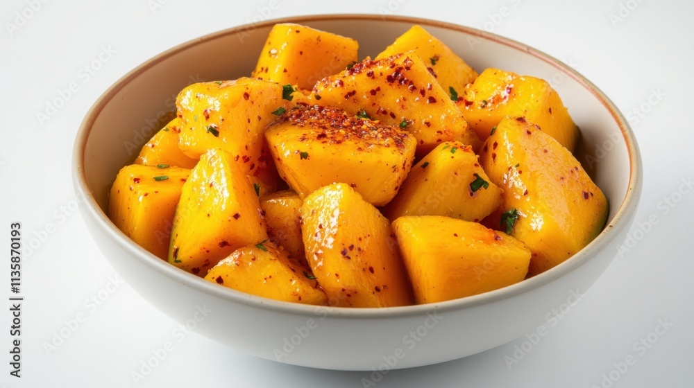 Isolated white background of bright yellow sliced mango served with a little chili powder in a white ceramic bowl. It is a refreshing and healthy food. Isolated white background of bright yellow sliced mango served with a little chili powder in a white ceramic bowl. It is a refreshing and healthy food.
