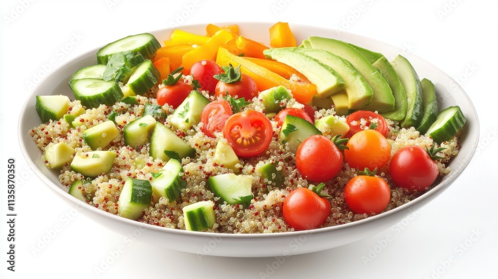 Isolated on white background of rustic quinoa bowl with sliced parsley, cucumber, tomato and avocado. Healthy fat-free food. Isolated on white background of rustic quinoa bowl with sliced parsley, cucumber, tomato and avocado. Healthy fat-free food.
