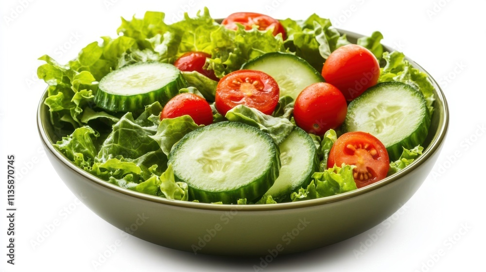 Isolated on white background, a classic green salad bowl with leafy greens, cucumber slices, and cherry tomatoes, lighting capturing the freshness and vivid colors.