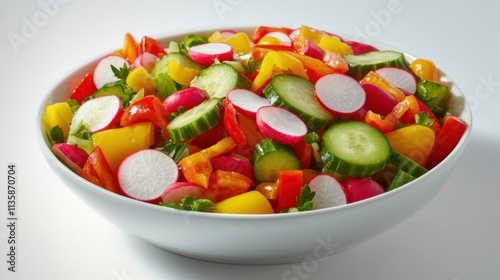 Isolated on white background, a bowl of quinoa salad with diced bell peppers, cherry tomatoes, cucumber, and avocado, each ingredient brightly lit to emphasize freshness.