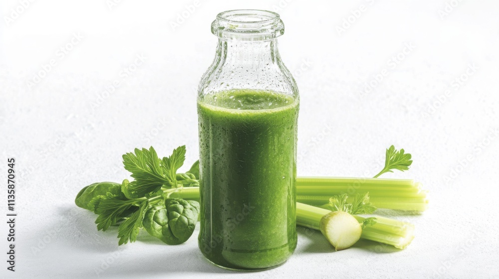 Isolated on white background, a cold-pressed green juice made from spinach, apple, and celery, served in a clear bottle with condensation on the outside, lighting enhancing the color and freshness. Isolated on white background, a cold-pressed green juice made from spinach, apple, and celery, served in a clear bottle with condensation on the outside, lighting enhancing the color and freshness.