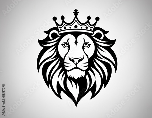 Head of a fierce crowned lion logo depicting royalty in a black and white design suitable for heraldry. Ai generated image. photo