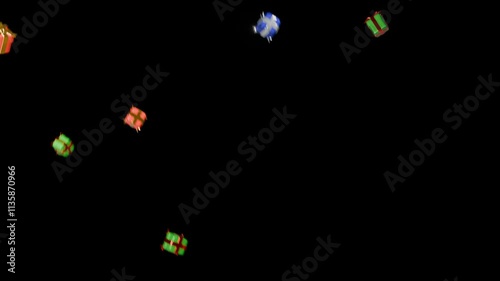 Many gift boxes with ribbons falling on black backgrounds, Christmas, New Year festivals, and anniversary.