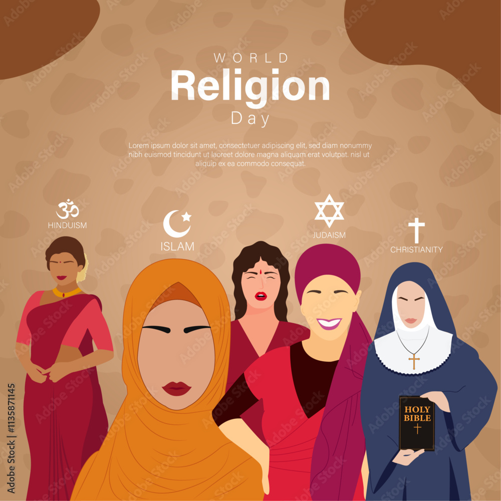World religion day, women from different faiths stand together,concept of peace and unity, vector template design. World religion day, women from different faiths stand together,concept of peace and unity, vector template design.