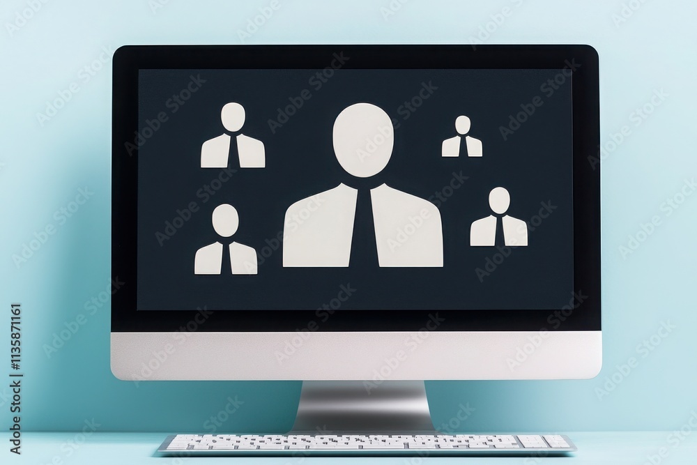 A computer screen displays abstract figures representing people, reflecting themes of virtual communication and online meetings. A computer screen displays abstract figures representing people, reflecting themes of virtual communication and online meetings.