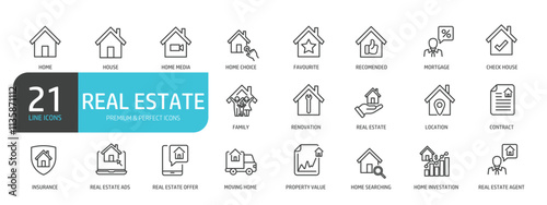 Set of line icons related to real estate, residence, mortgage, property . Outline icons collection. Editable stroke. Vector illustration
