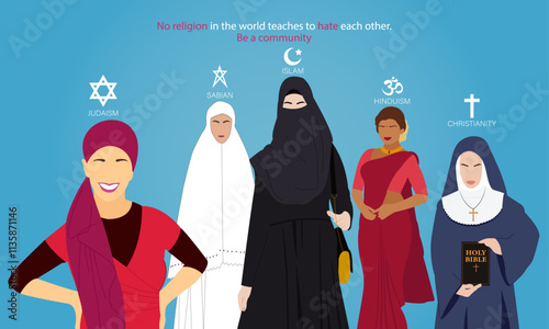 Women from different faiths stand together,concept of peace and unity, horizontal template design, vector illustration.