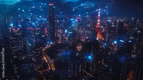 Wallpaper Mural Smart digital Innovation city with connection network reciprocity over the cityscape. of future smart wireless digital city and social media networking systems that connects people with in city Torontodigital.ca