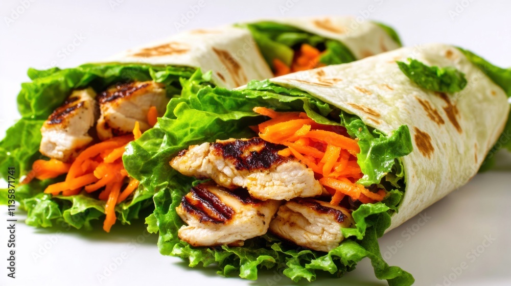 Isolated on white background, a fresh salad wrap with lettuce, carrot shreds, and grilled chicken, lighting capturing the texture and color. Isolated on white background, a fresh salad wrap with lettuce, carrot shreds, and grilled chicken, lighting capturing the texture and color.