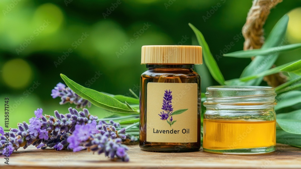 Amber bottle of lavender oil with honey and fresh lavender. Amber bottle of lavender oil with honey and fresh lavender.