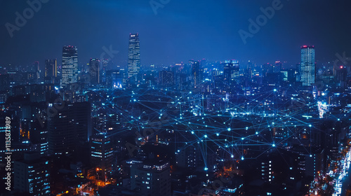 Wallpaper Mural Smart digital Innovation city with connection network reciprocity over the cityscape. of future smart wireless digital city and social media networking systems that connects people with in city Torontodigital.ca