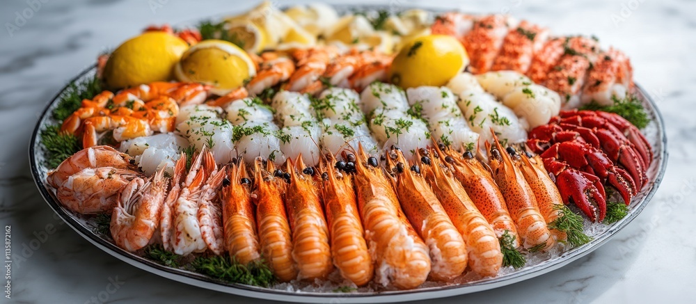 A platter of fresh seafood with shrimp, scallops, crab, and lemon slices on a bed of ice and garnished with parsley.