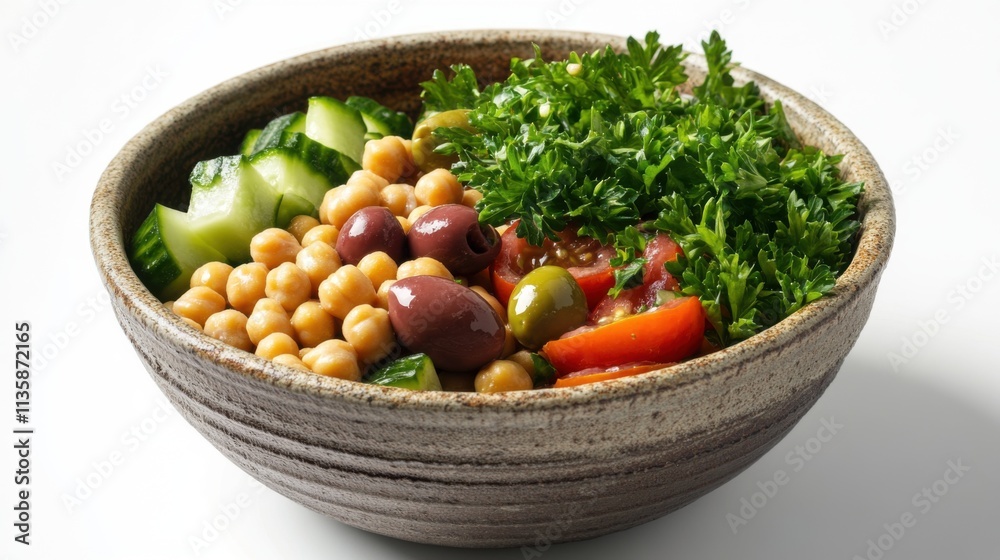 Isolated on white background, a rustic bowl of Mediterranean-style chickpea salad with olives, cucumber, tomatoes, and parsley. Isolated on white background, a rustic bowl of Mediterranean-style chickpea salad with olives, cucumber, tomatoes, and parsley.