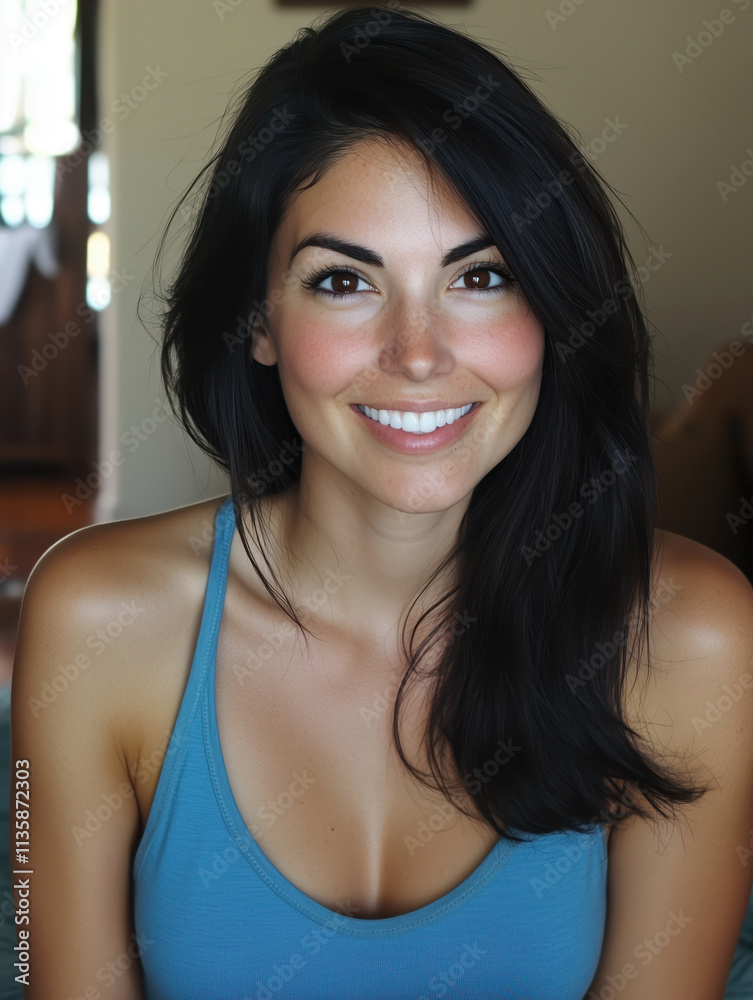 A portrait of a smiling woman with dark hair wearing a casual blue top. Captured in natural lighting, the image conveys warmth, happiness, and a sense of relaxation. A portrait of a smiling woman with dark hair wearing a casual blue top. Captured in natural lighting, the image conveys warmth, happiness, and a sense of relaxation.