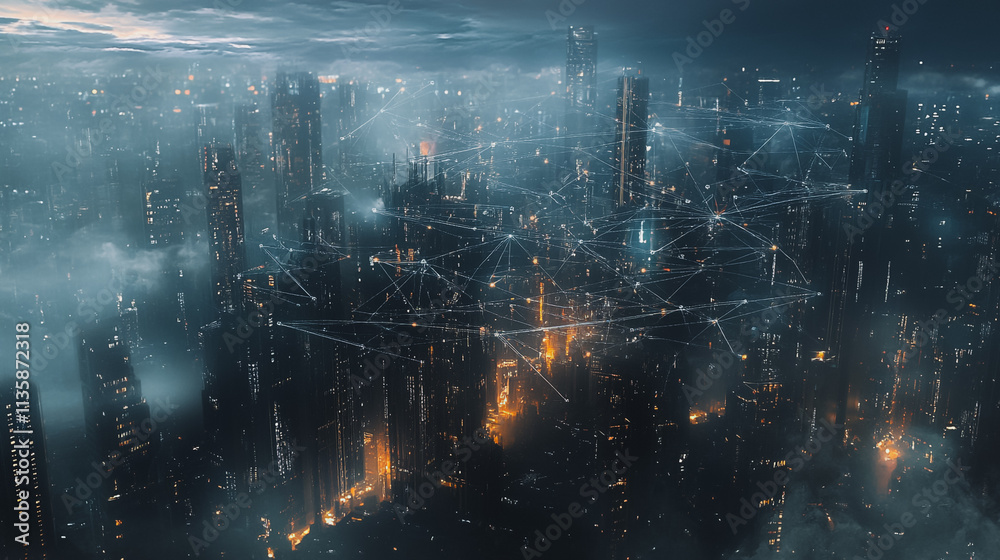 Naklejka premium Smart digital Innovation city with connection network reciprocity over the cityscape. of future smart wireless digital city and social media networking systems that connects people with in city