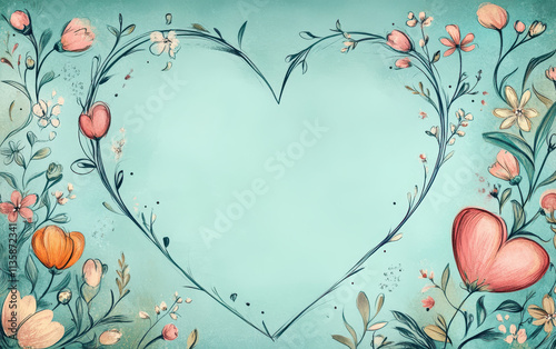 whimsical heart frame adorned with colorful flowers and leaves creates charming and inviting atmosphere. Perfect for romantic or cheerful designs photo