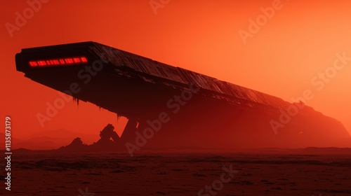 Futuristic Abandoned Spaceship Silhouette Against Orange Sky