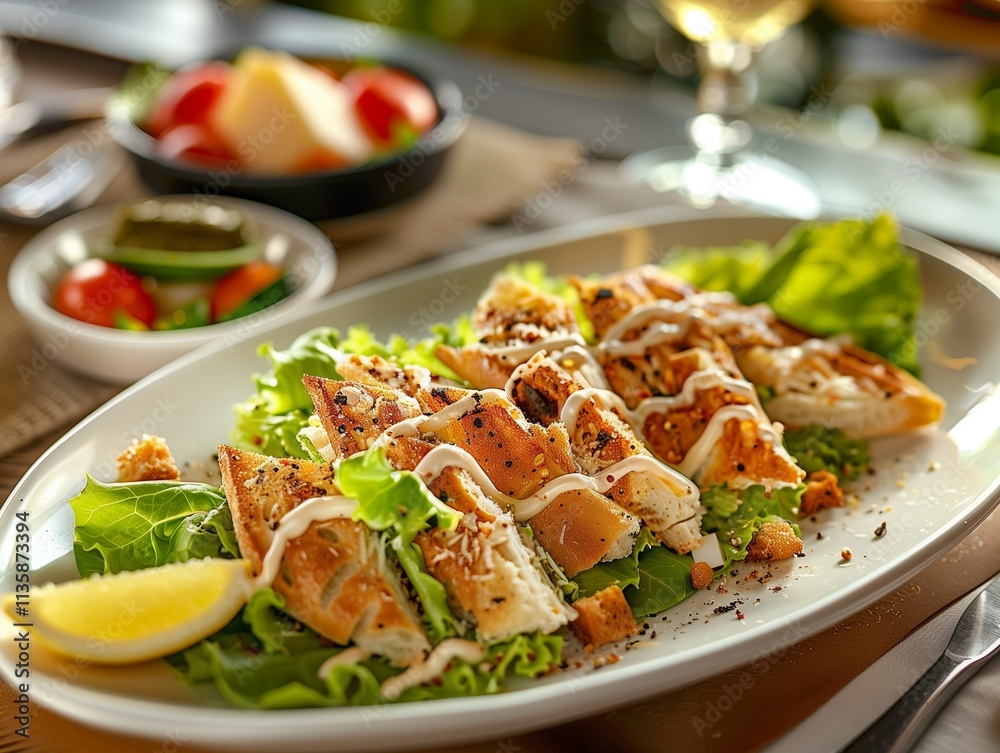 Caesar salad with grilled chicken, croutons, and dressing Caesar salad with grilled chicken, croutons, and dressing