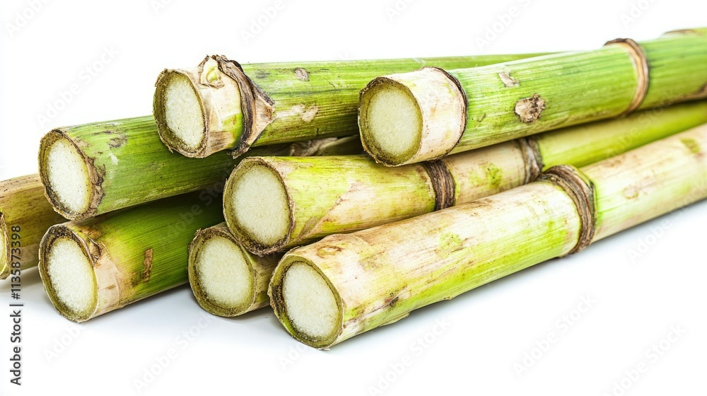 Fototapeta premium Freshly Harvested Sugar Cane Stalks with Green Exteriors, Close-Up View Highlighting Textures and Natural Beauty of Agricultural Produce