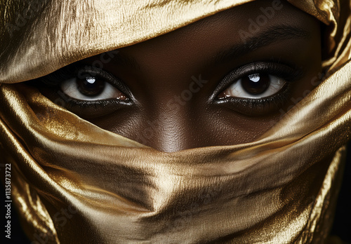 A woman with gold eyeshadow and gold fabric covering her face