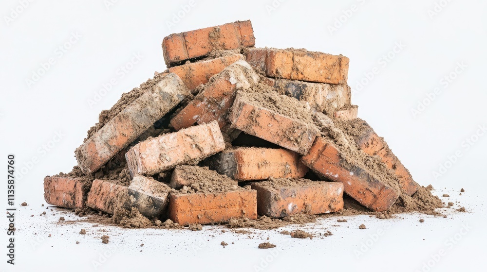 Pile of Weathered Red Building Bricks with Sand and Dust on a White Background, Ideal for Construction or Architectural Themes in Stock Photography Pile of Weathered Red Building Bricks with Sand and Dust on a White Background, Ideal for Construction or Architectural Themes in Stock Photography