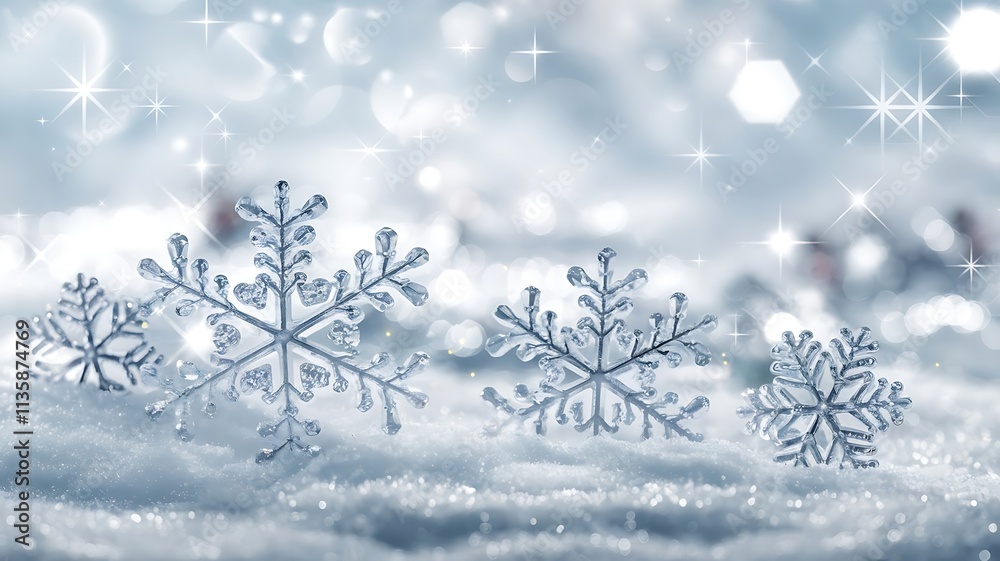 Magical Winter Scene with Crystalline Snowflakes Resting on a Soft Snowy Surface, Dreamy Background with Bokeh and Twinkling Stars Magical Winter Scene with Crystalline Snowflakes Resting on a Soft Snowy Surface, Dreamy Background with Bokeh and Twinkling Stars