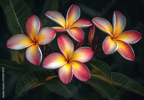 Stunning Closeup of Four Pink and Yellow Plumeria Flowers