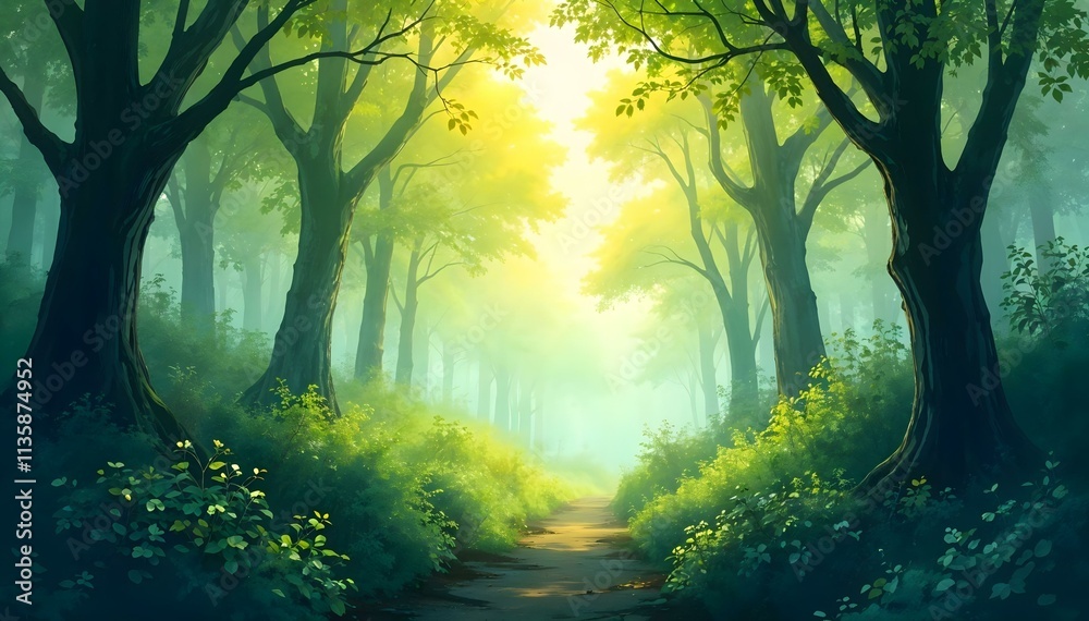 Fantasy green forest with fog and path. 3d render illustration Fantasy green forest with fog and path. 3d render illustration