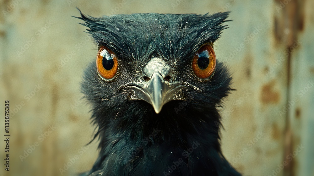 Fototapeta premium Intense Gaze: A Close-Up of a Dark Bird with Striking Orange Eyes
