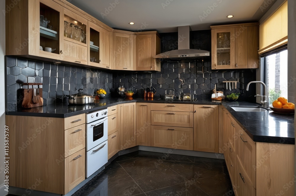 Classic Wooden Kitchen Design With Grey Hexagonal Backsplash Classic Wooden Kitchen Design With Grey Hexagonal Backsplash