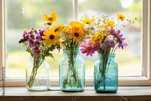 Three mason jars hold colorful wildflowers on a windowsill