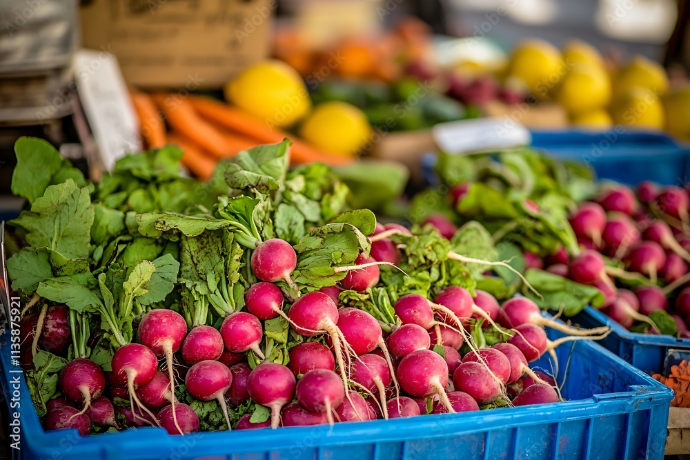 Fresh Red Radishes at Farmer's Market Crate Fresh Red Radishes at Farmer's Market Crate