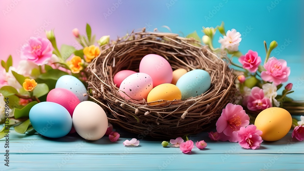 Spring Renewal Banner: Cheerful Easter Nest with Colorful Eggs and Vibrant Blossoms, Perfect Setting with Space for Text
Spring Renewal Banner: Cheerful Easter Nest with Colorful Eggs and Vibrant Blossoms, Perfect Setting with Space for Text