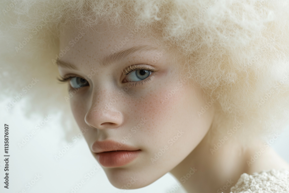 Ethereal Portrait of a Young Woman with Curly Blonde Hair and Serene Expression in Soft Natural Light Ethereal Portrait of a Young Woman with Curly Blonde Hair and Serene Expression in Soft Natural Light