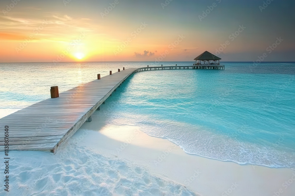 Naklejka premium wooden pier on the sea with sunset