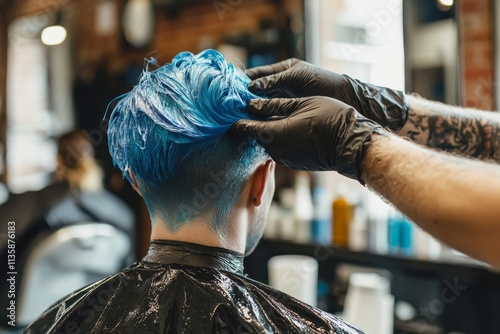 Trendy Blue Hair Dyeing Process in Modern Salon: Stylist Wearing Gloves Colors Client's Hair