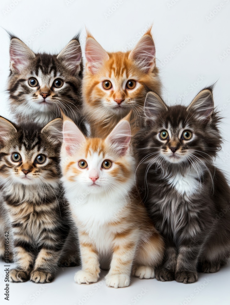 five different breeds of cats gathered for a photo session in the studio with beautiful faces and a clean, plain white background and the camera from afar five different breeds of cats gathered for a photo session in the studio with beautiful faces and a clean, plain white background and the camera from afar