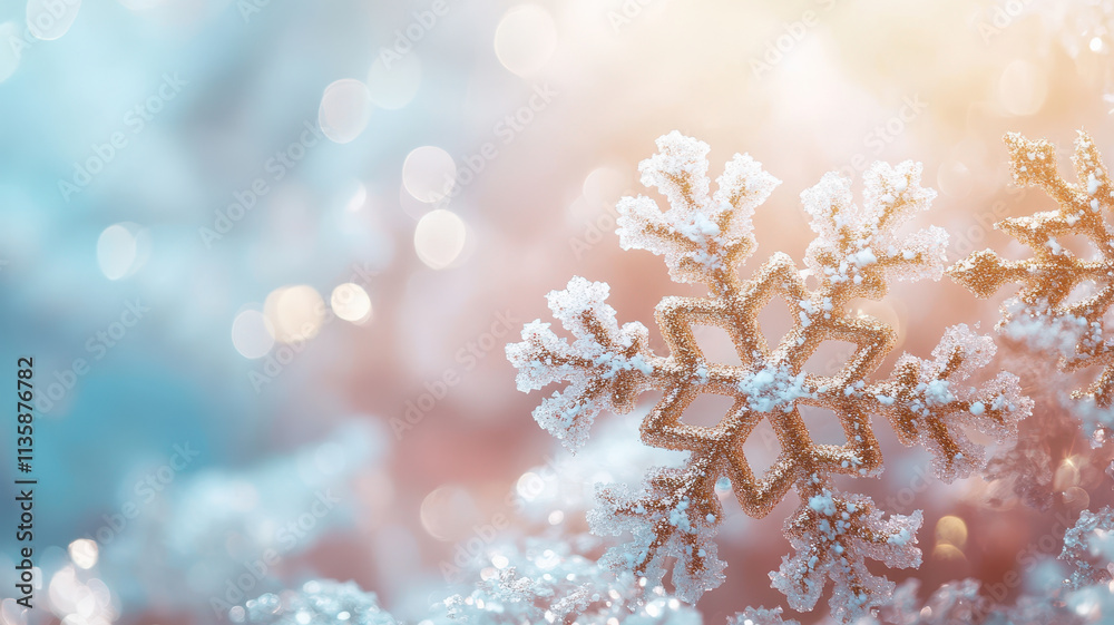 Delicate snowflakes on soft pastel gradient background create serene winter atmosphere, evoking feelings of tranquility and beauty