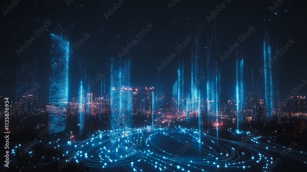 Obraz premium Smart digital Innovation city with connection network reciprocity over the cityscape. of future smart wireless digital city and social media networking systems that connects people with in city