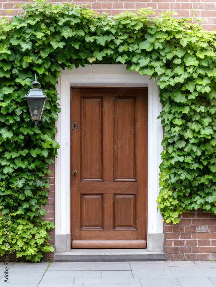 classic wooden door framed by lush green ivy and brick classic wooden door framed by lush green ivy and brick