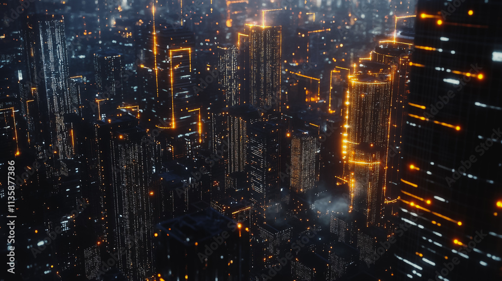 Obraz premium Smart digital Innovation city with connection network reciprocity over the cityscape. of future smart wireless digital city and social media networking systems that connects people with in city